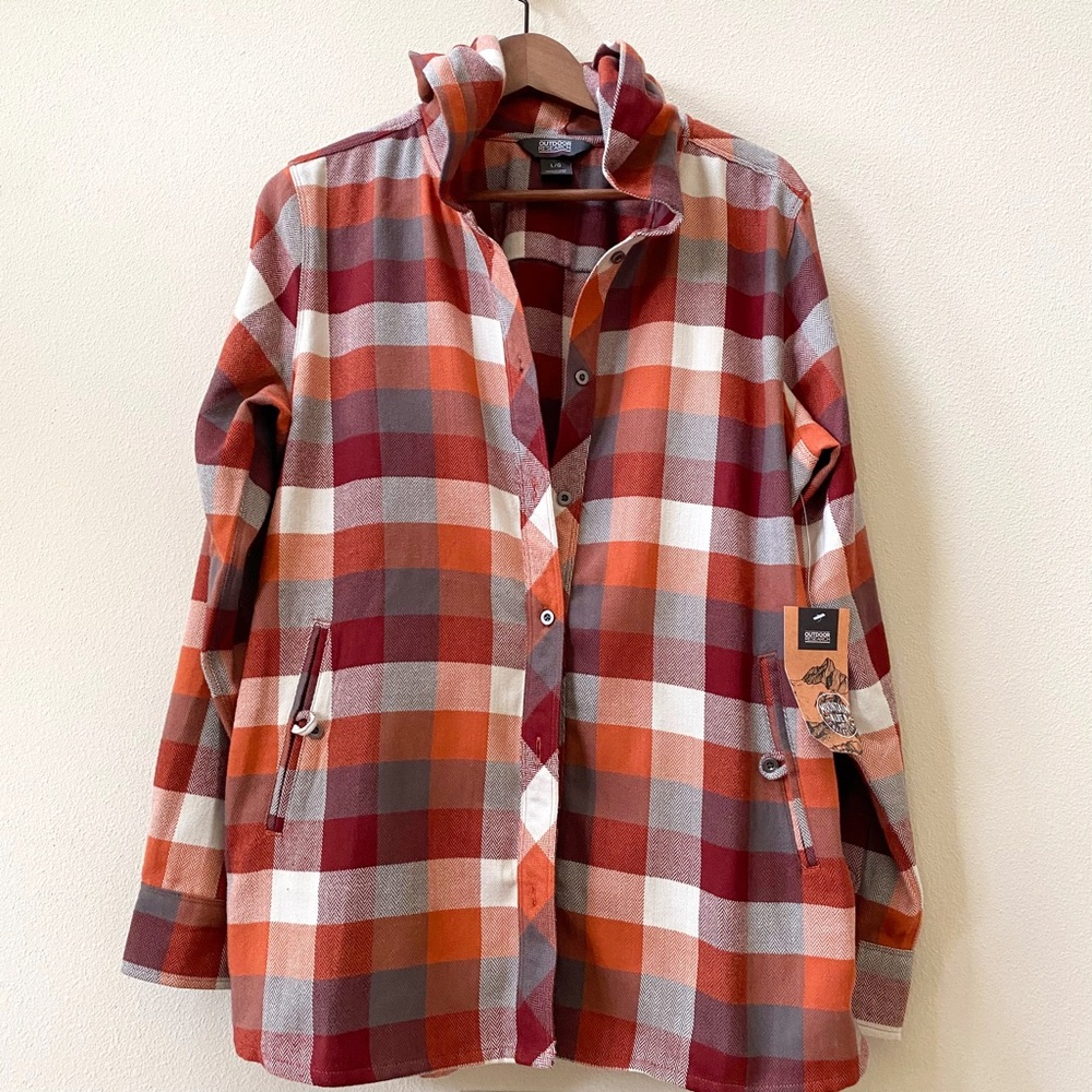 NEW OUTDOOR RESEARCH Rust Plaid Flannel Hoodie Top  Sz L